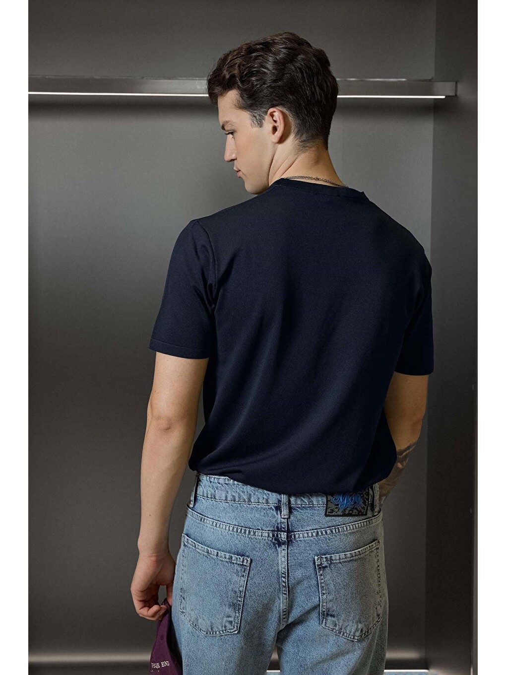 Erkek Slim Fit Triko Bisiklet Yaka Basic T-shirt Lacivert-4