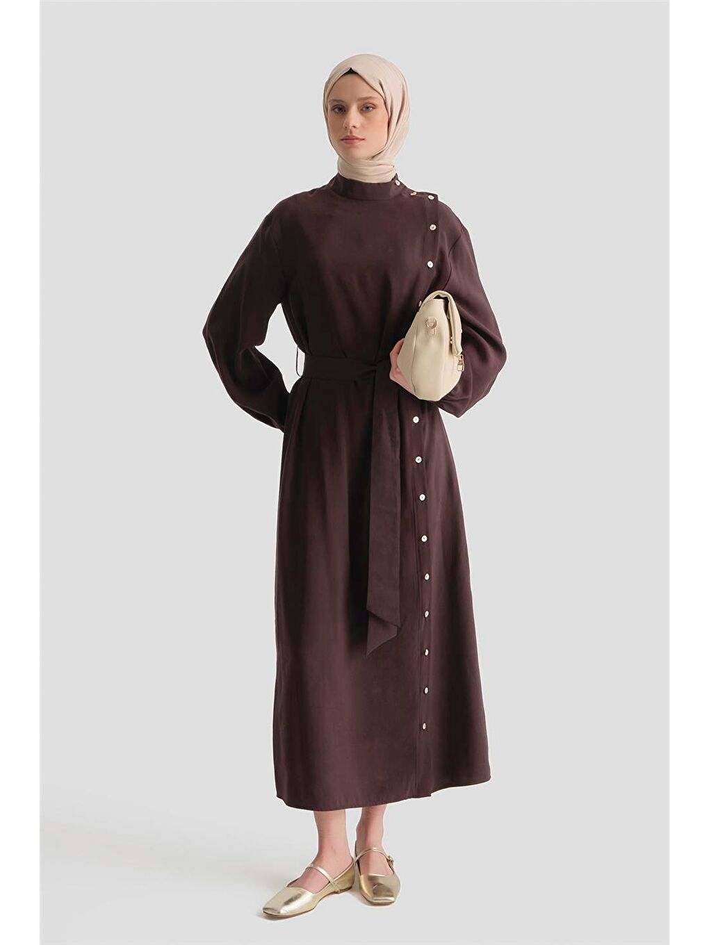 Kahverengi Sedefli Kupra Elbise Acı Kahve-1