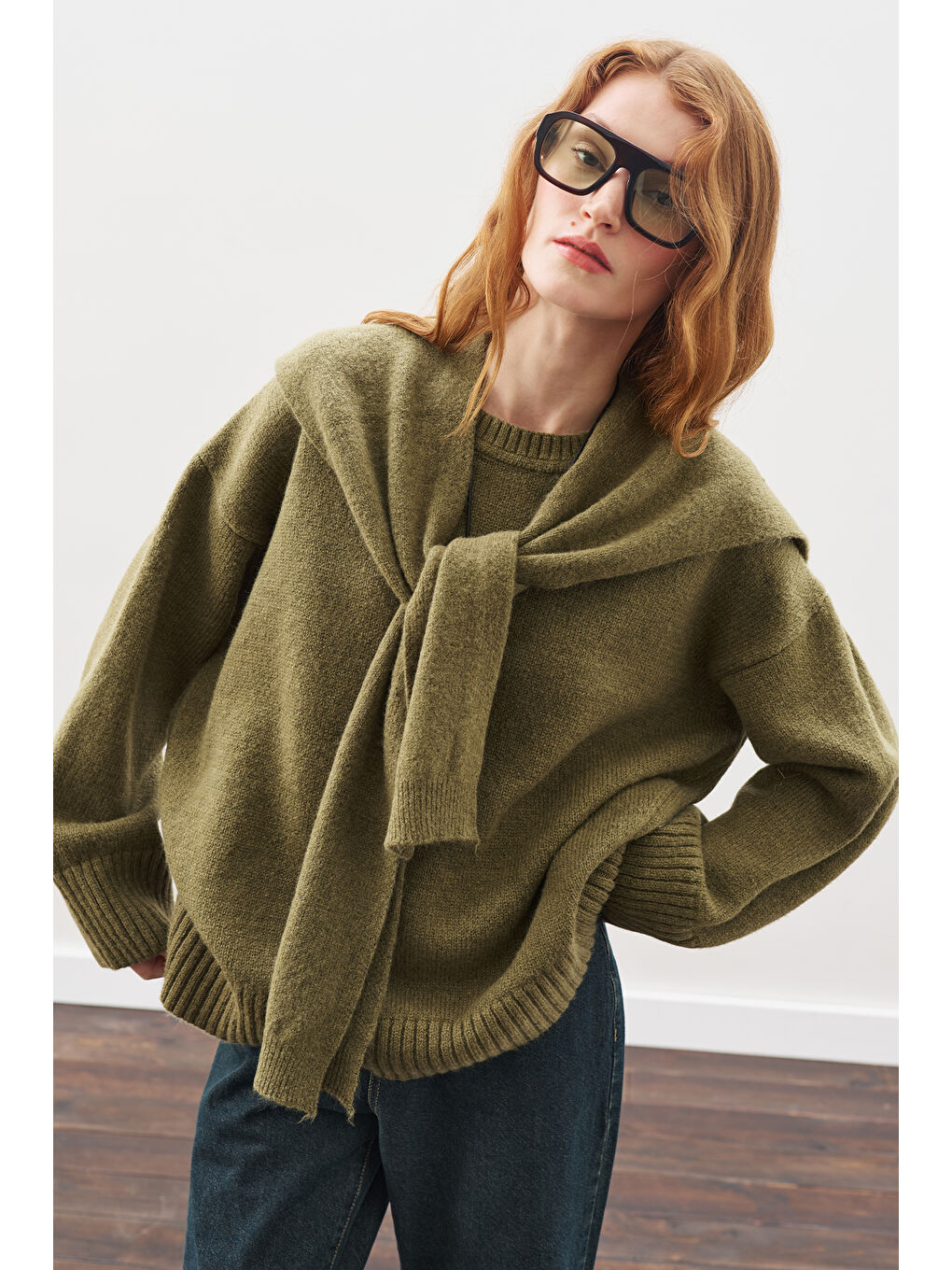 Kare Yaka Bağlamalı Triko Atkı Koyu Yeşil-1