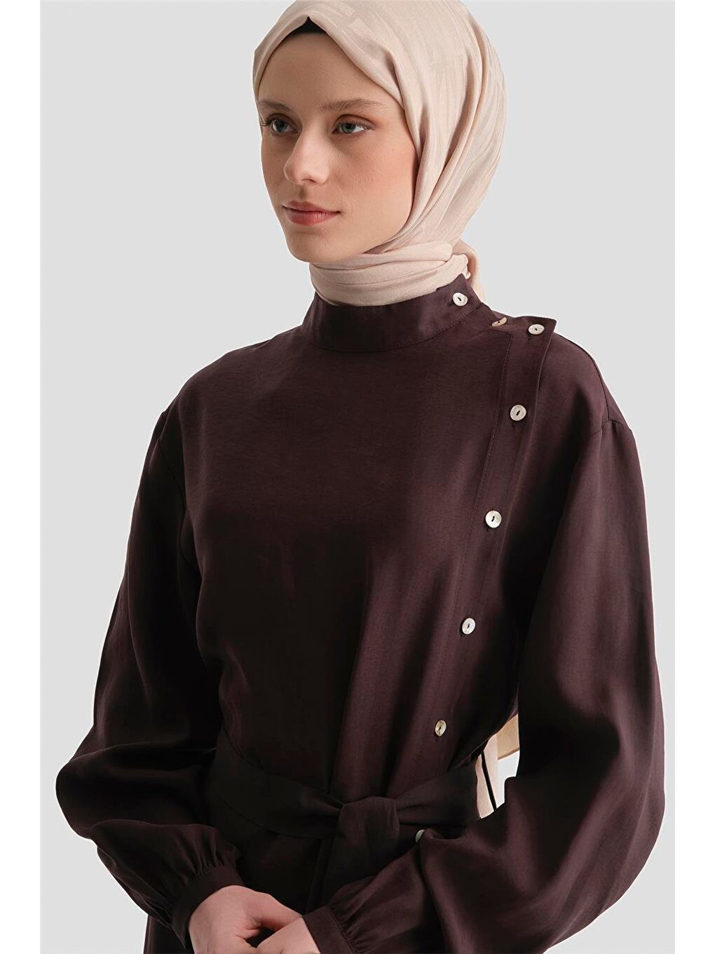 Kahverengi Sedefli Kupra Elbise Acı Kahve-3