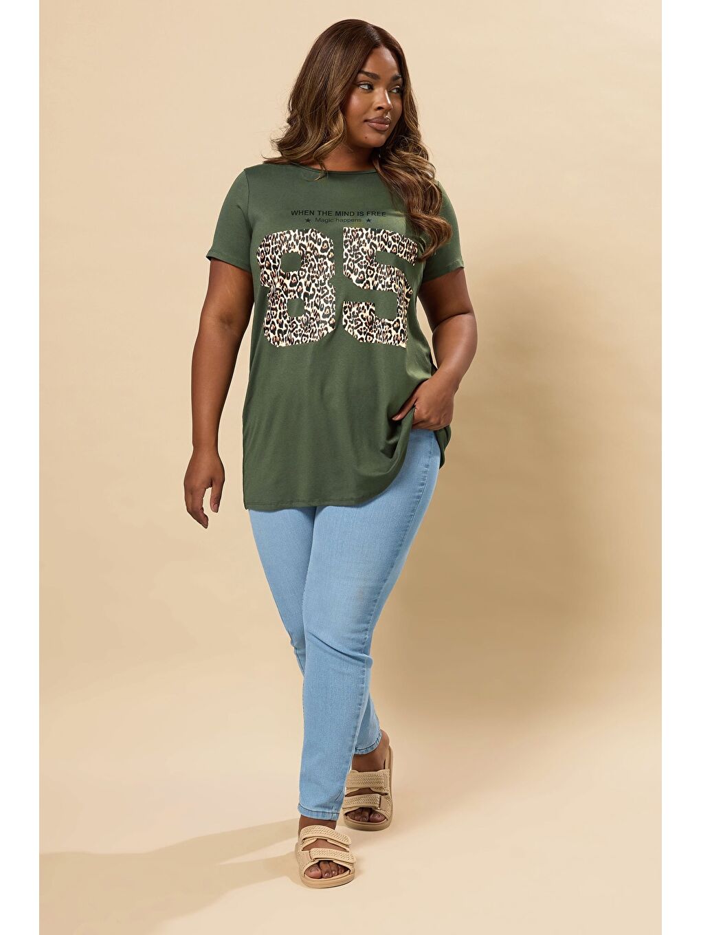 Yeşil Büyük Beden Bisiklet Yaka Kısa Kollu Baskılı T-shirt 304172-1