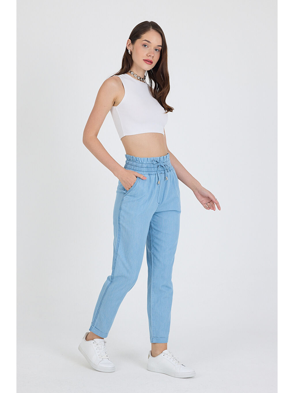 Mavi Beli Lastikli Duble Paça Bağcıklı Pamuk Jean Kadın Pantolon 5011