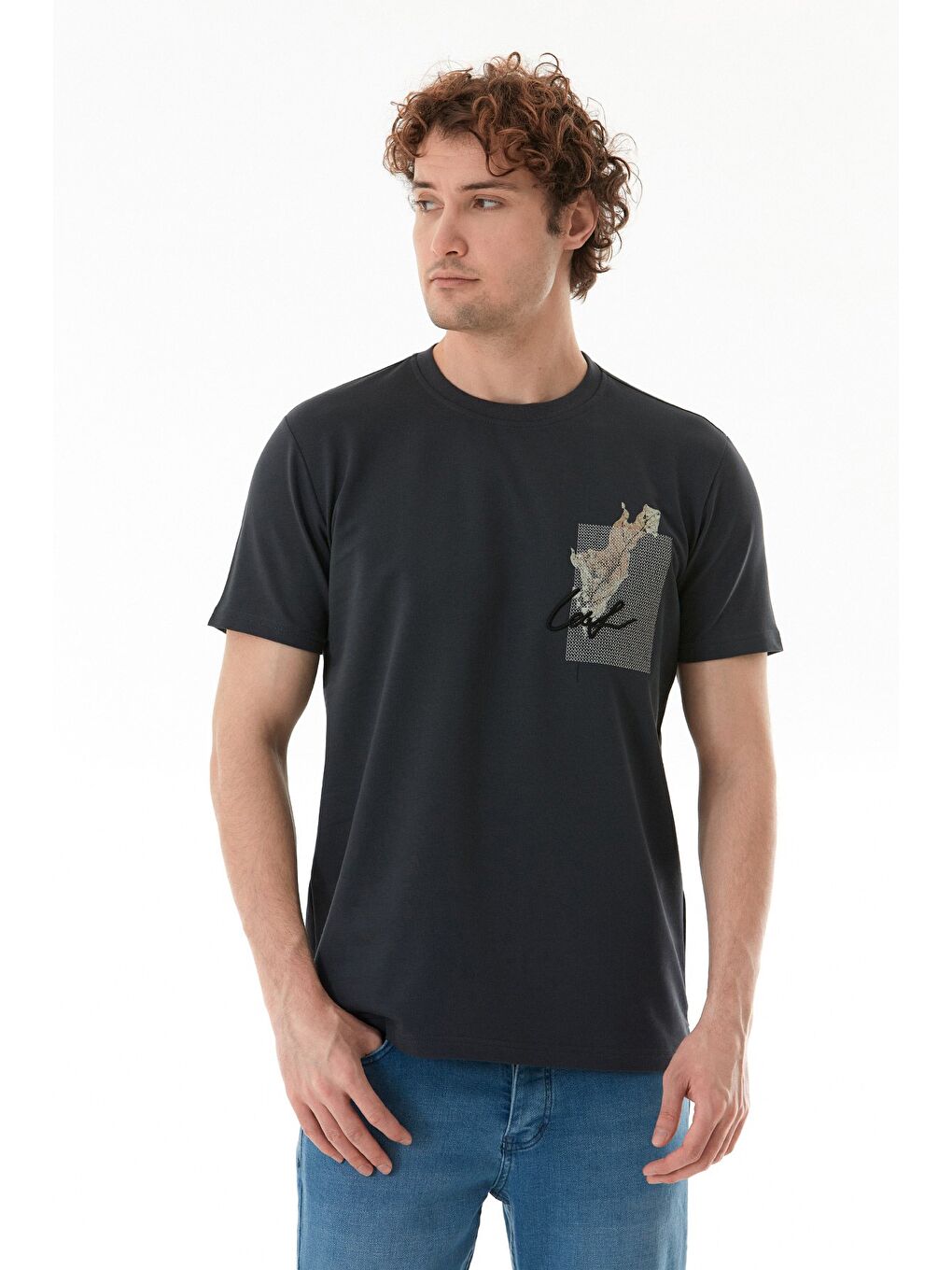 Antrasit Yaprak Baskılı Yazı Nakışlı Tişört-2