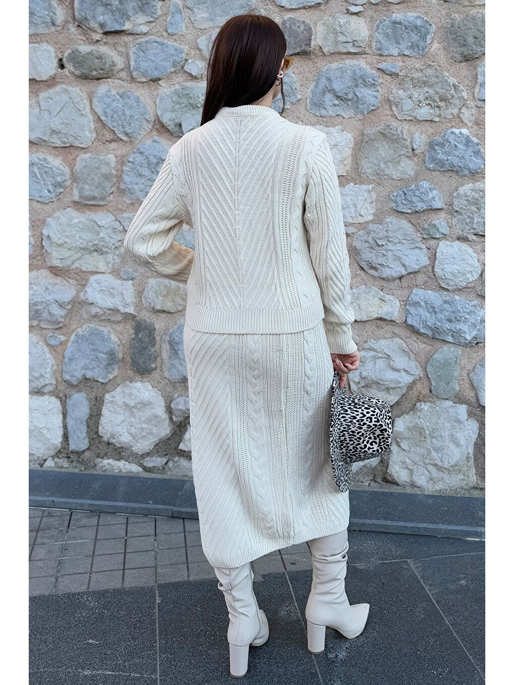 Ekru Kadın Örme Triko Bluz Etek İkili Takım-3