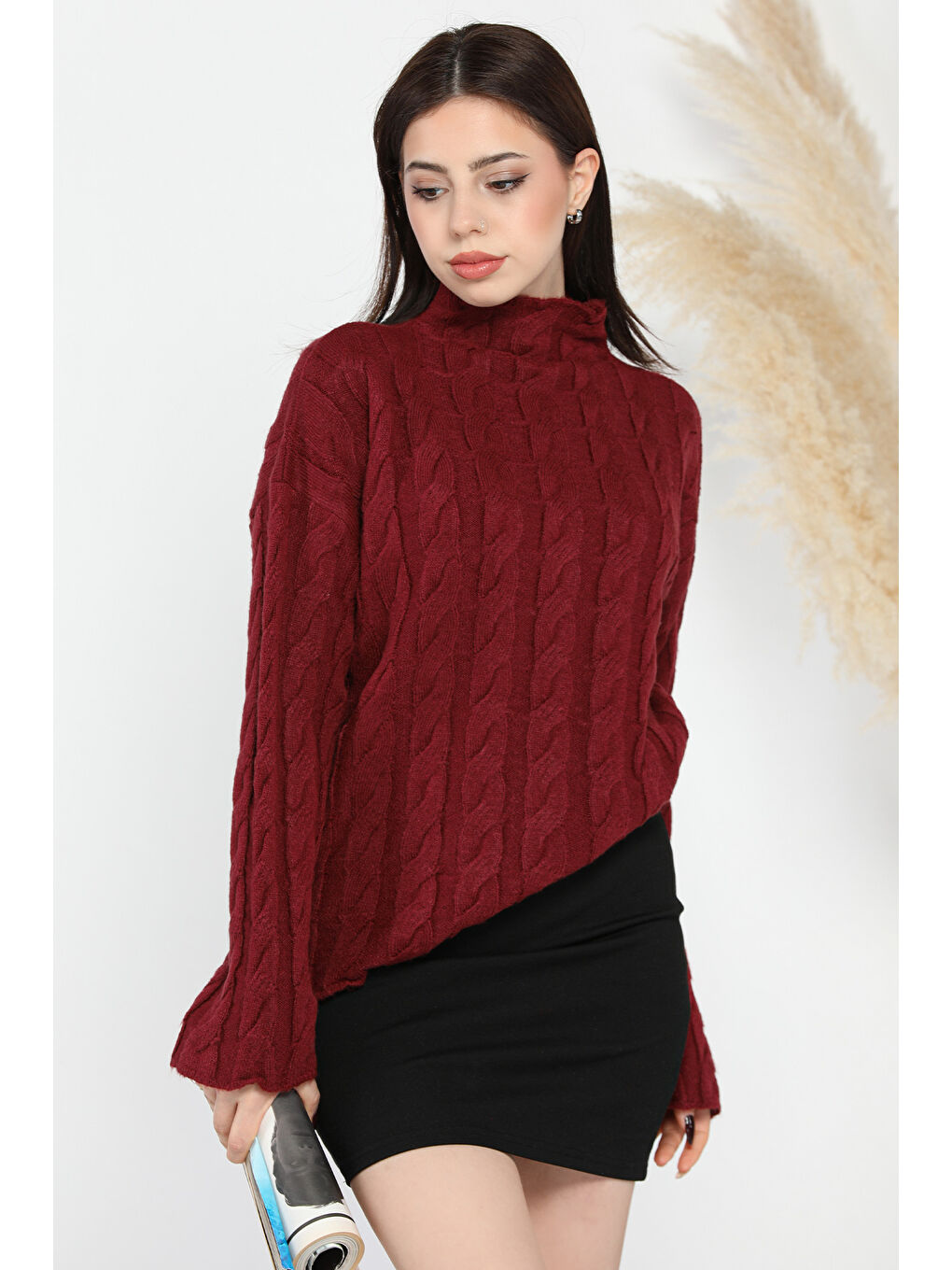 Bordo Yarım Balıkçı Yaka Desenli Kadın Triko Kazak