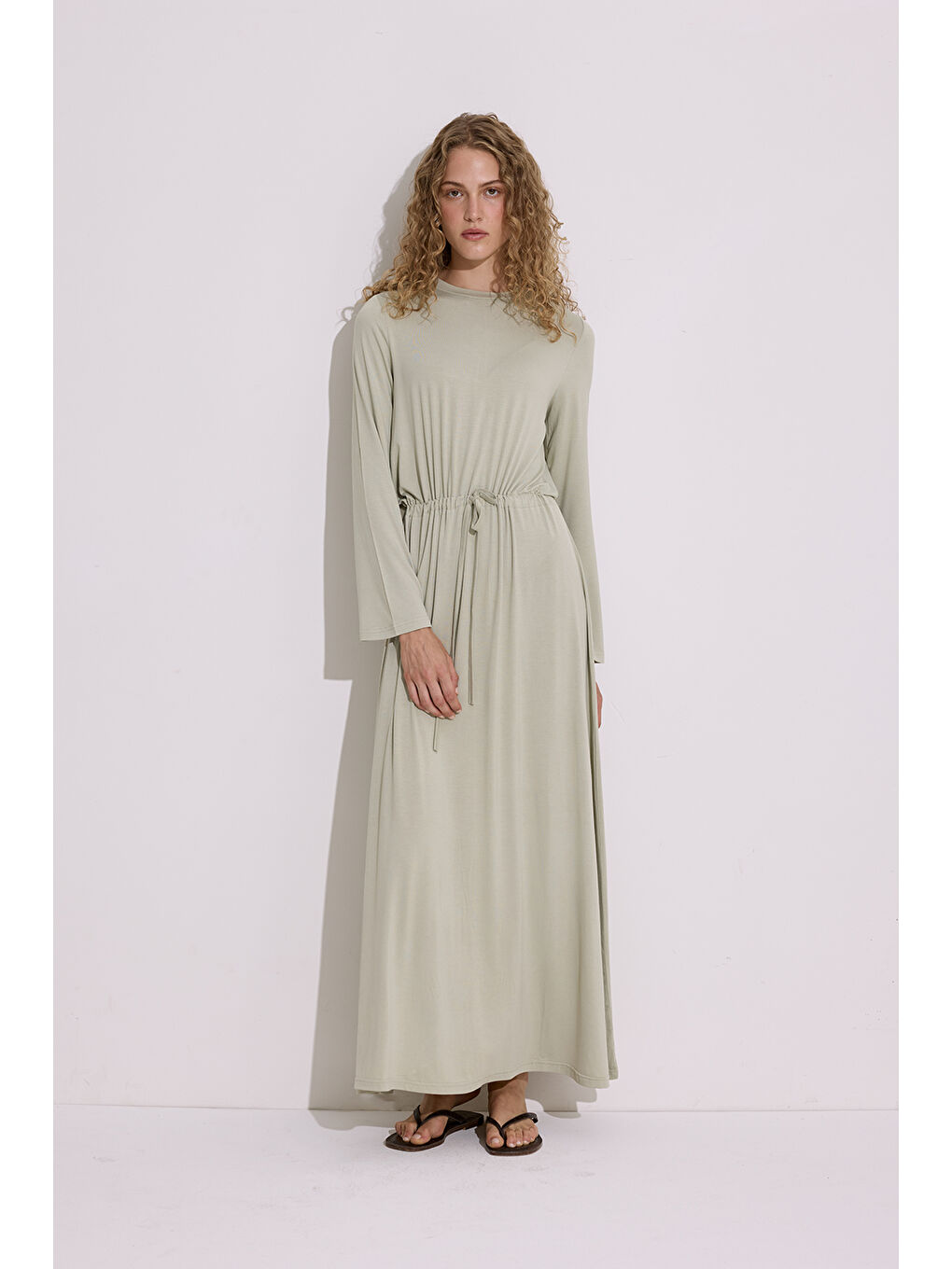 Dökümlü Uzun Kol Elbise Pastel Yeşil-2