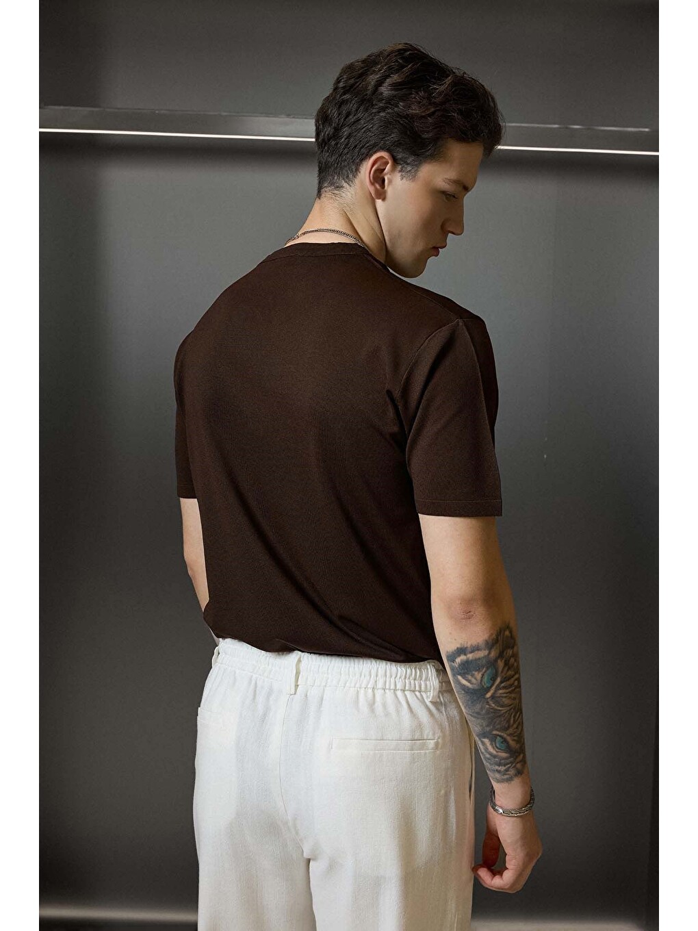Erkek Slim Fit Triko Bisiklet Yaka Basic T-shirt Kahverengi-6