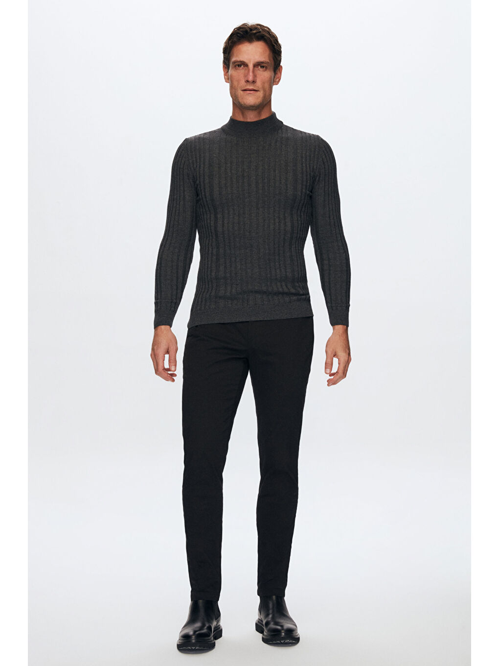 Slim Fit Antrasit Fitilli Fitilli Pamuk Yarım Balıkçı Triko Kazak-3