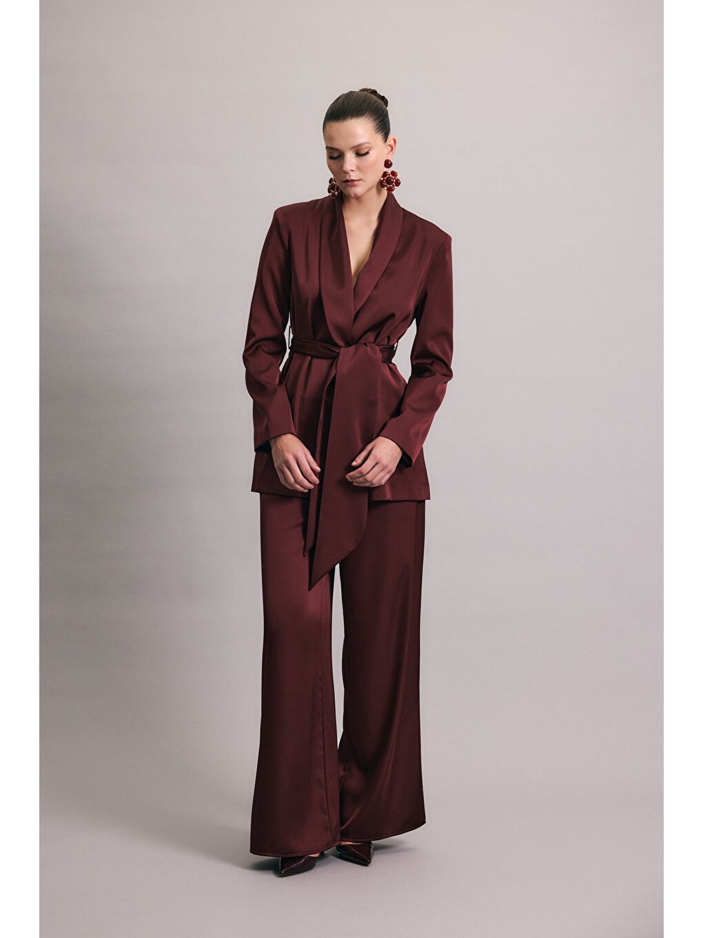 Saten Pantolon - Bordo-3