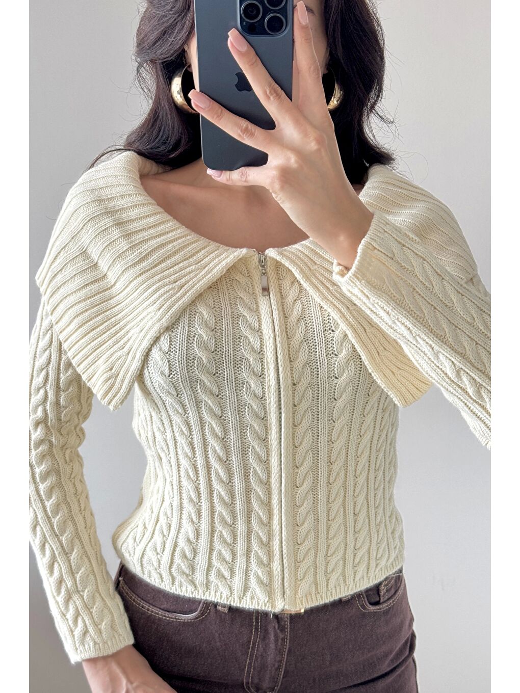 Kadın Ekru Fermuarlı Hırka 1014-2406