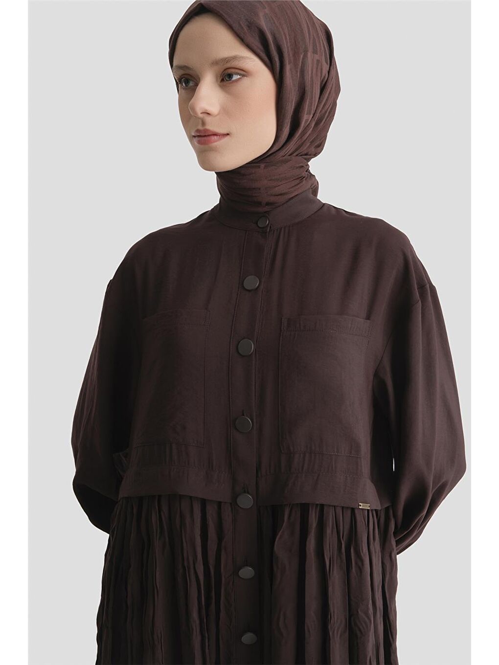 Kahverengi Kırışık Efektli Kupra Elbise Acı Kahve-1