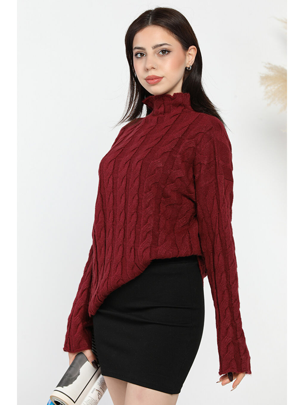 Bordo Yarım Balıkçı Yaka Desenli Kadın Triko Kazak-1