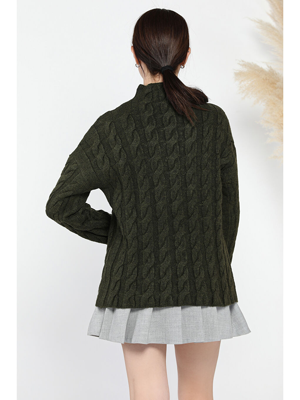 Haki Yarım Balıkçı Yaka Desenli Kadın Triko Kazak-2