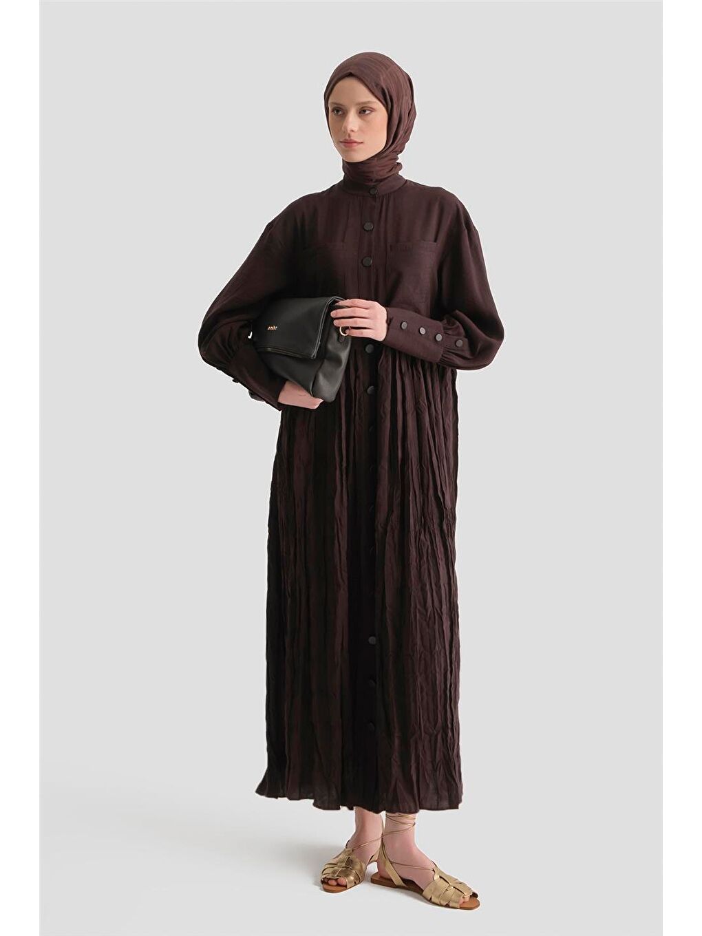 Kahverengi Kırışık Efektli Kupra Elbise Acı Kahve-2