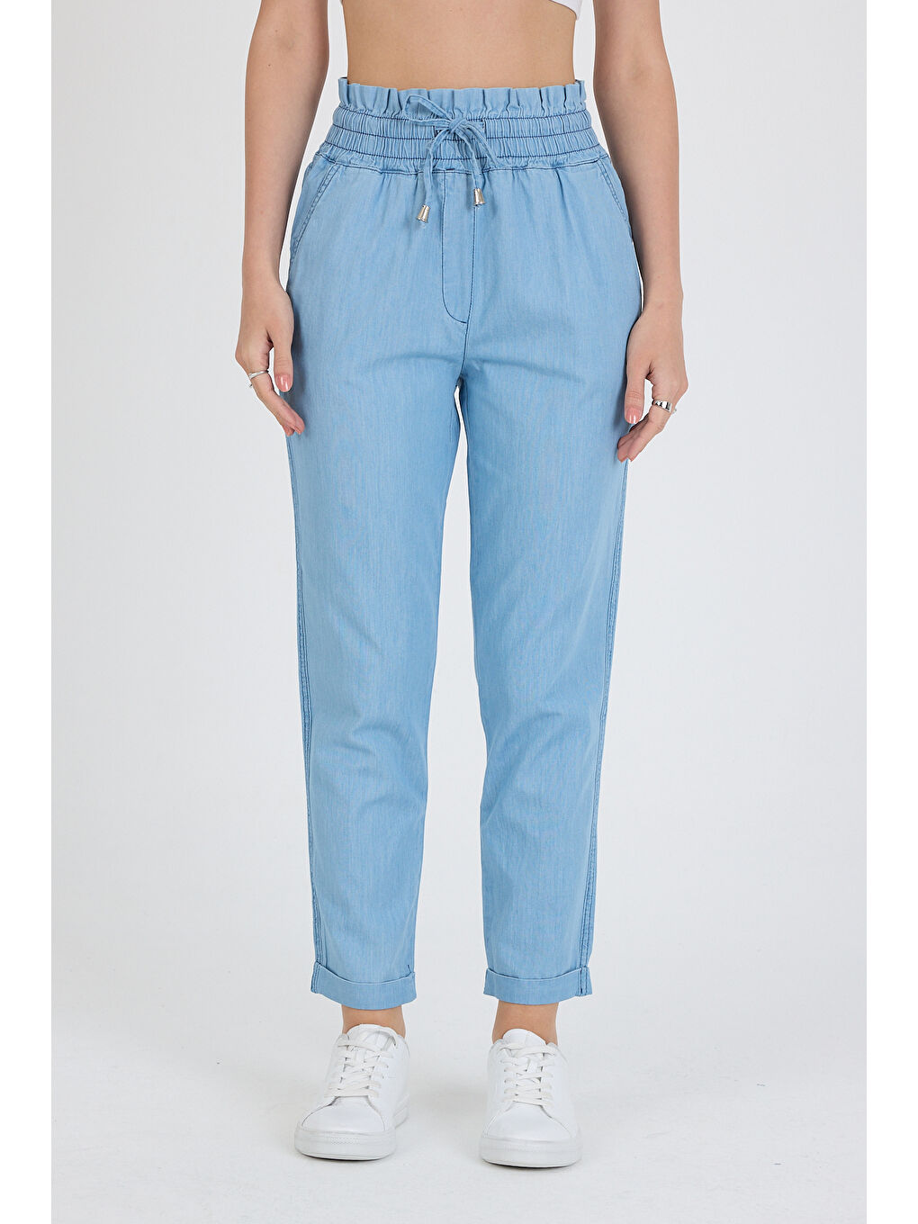 Mavi Beli Lastikli Duble Paça Bağcıklı Pamuk Jean Kadın Pantolon 5011-3