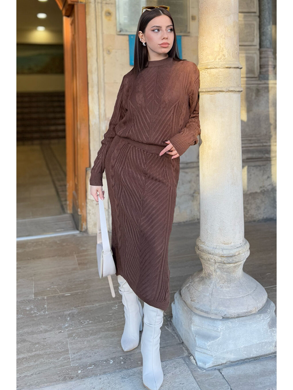 Kahverengi Kadın Örme Triko Bluz Etek İkili Takım