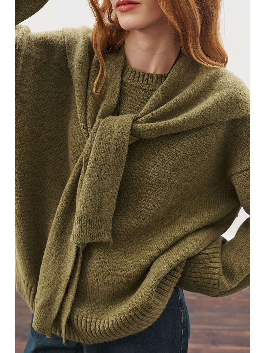 Kare Yaka Bağlamalı Triko Atkı Koyu Yeşil-3