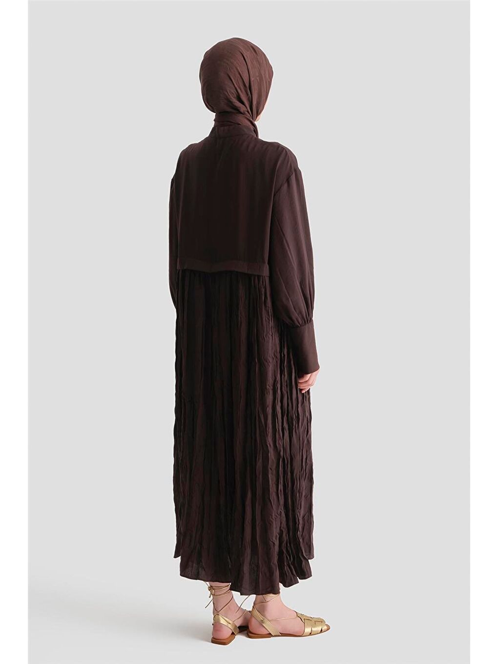 Kahverengi Kırışık Efektli Kupra Elbise Acı Kahve-4