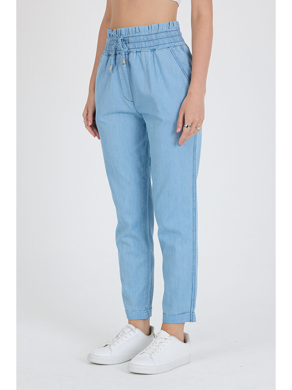 Mavi Beli Lastikli Duble Paça Bağcıklı Pamuk Jean Kadın Pantolon 5011-4