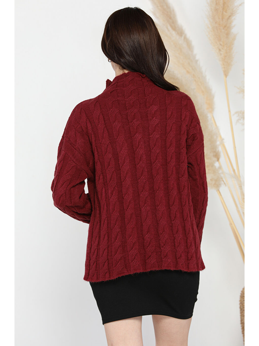 Bordo Yarım Balıkçı Yaka Desenli Kadın Triko Kazak-2