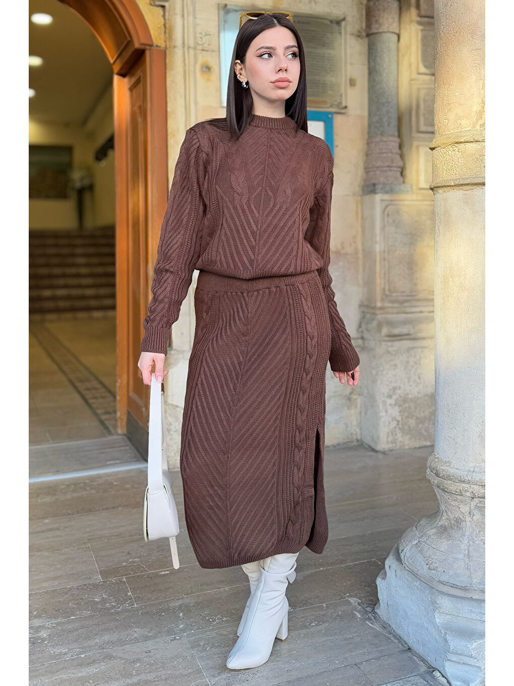 Kahverengi Kadın Örme Triko Bluz Etek İkili Takım-1