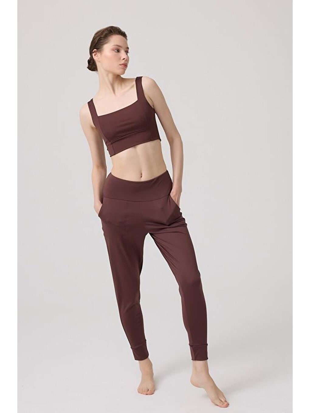 Kahverengi Kare Yaka Crop Top Büstiyer-2