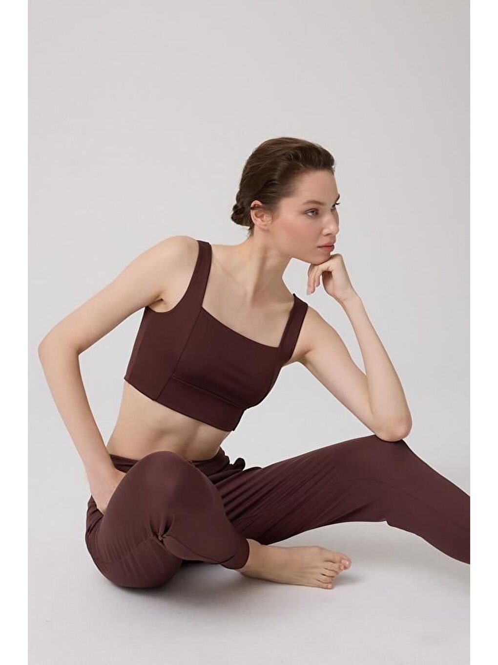 Kahverengi Kare Yaka Crop Top Büstiyer-3