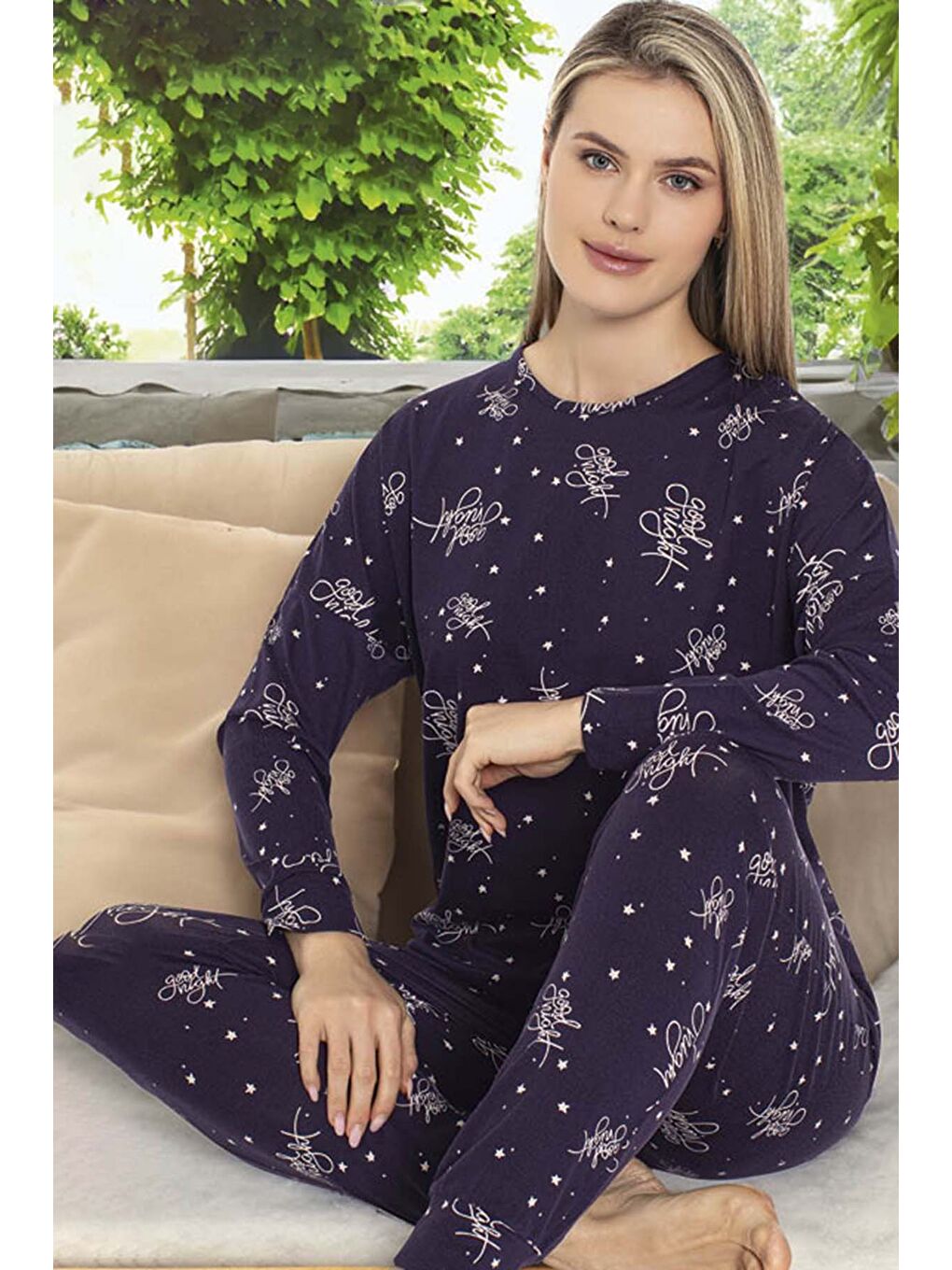 Kadın Yıldız Desen Uzun Kol Pijama Takımı 240966 Mor-1