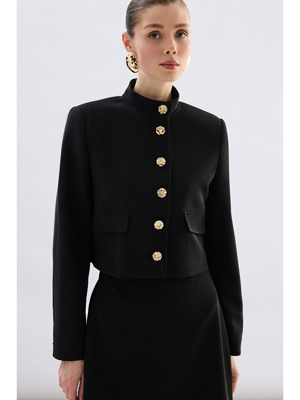 Düğmeli Kısa Ceket - Siyah-2