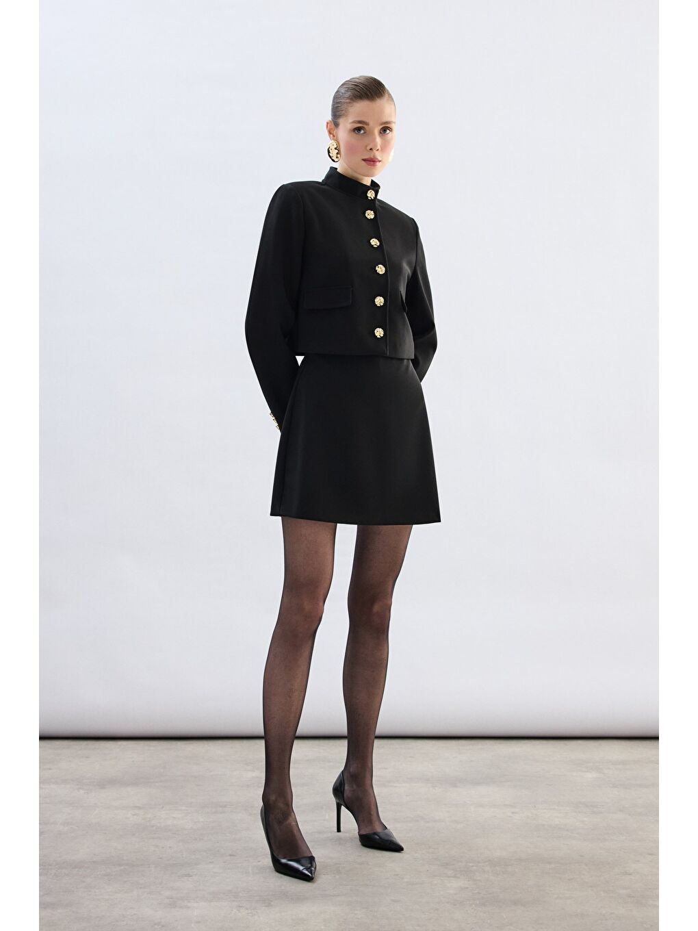 Düğmeli Kısa Ceket - Siyah-3