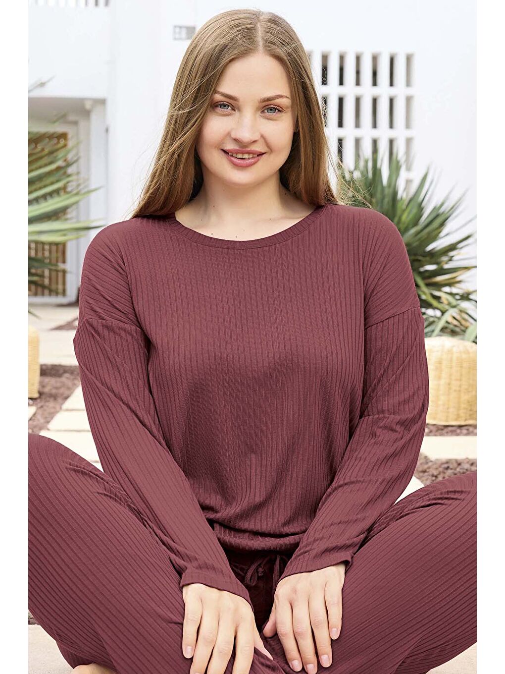 Viskon Kadın Uzun Kol Pijama Takımı 250470 Mürdüm01