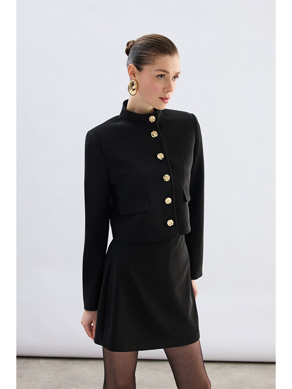 Düğmeli Kısa Ceket - Siyah-4