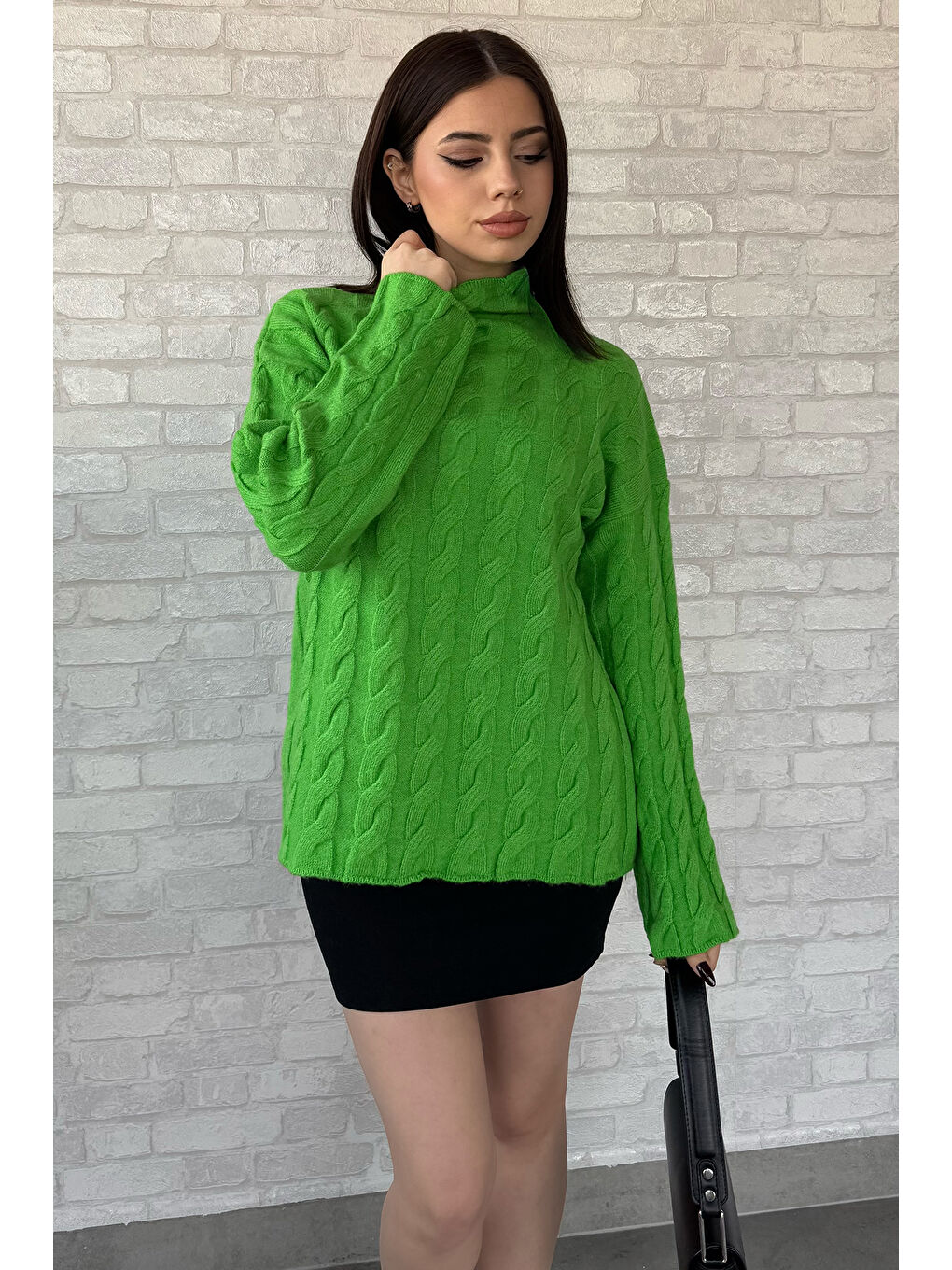 Yeşil Yarım Balıkçı Yaka Desenli Kadın Triko Kazak-1