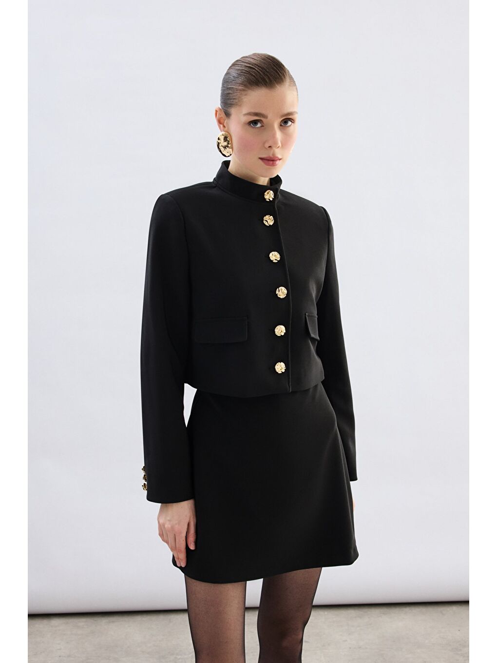Düğmeli Kısa Ceket - Siyah-5