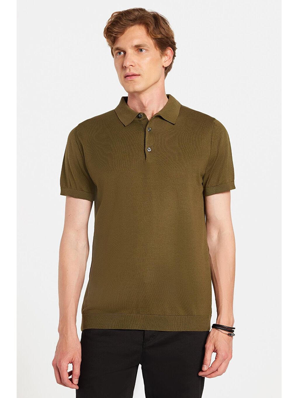 Erkek Slim Fit Dar Kesim Pamuklu Örme Triko Haki Polo Yaka Tişört