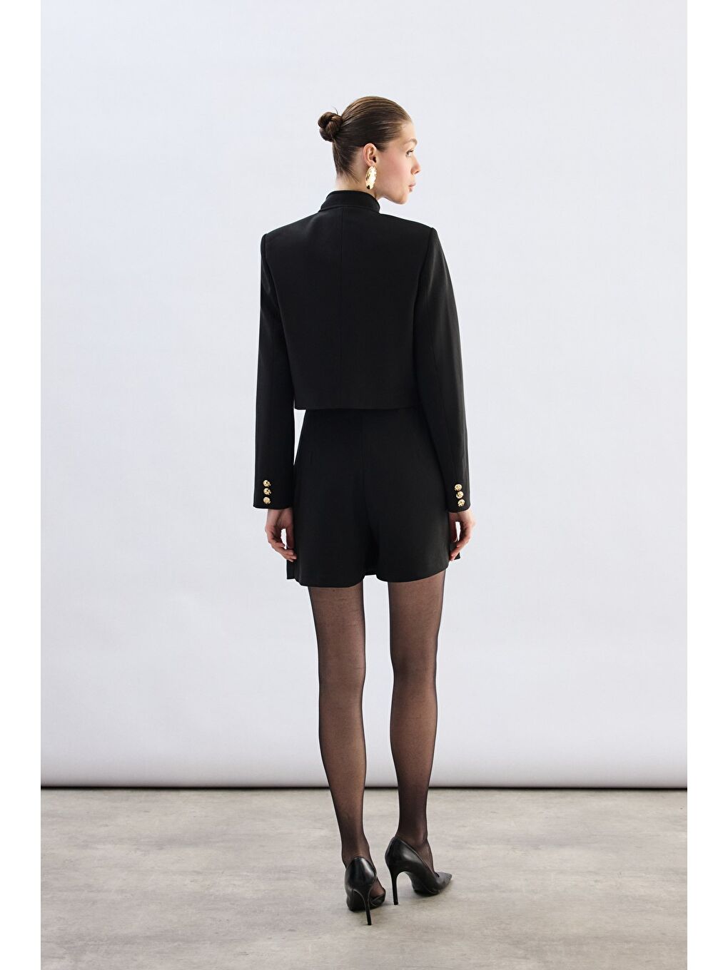 Düğmeli Kısa Ceket - Siyah-6