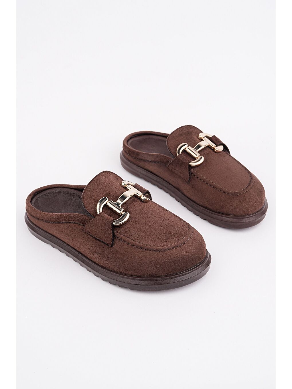 Kahverengi CARLEEN Süet Deri Gold Tokalı Günlük Rahat Önü Kapalı Kadın Loafer Terlik