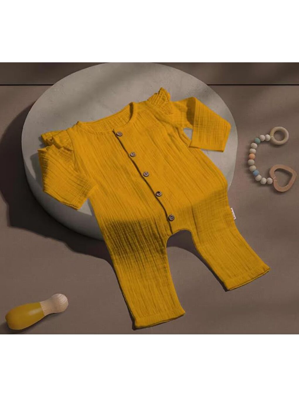 Sarı Çift Kat Müslin Fırfırlı Uzunkol Tulum