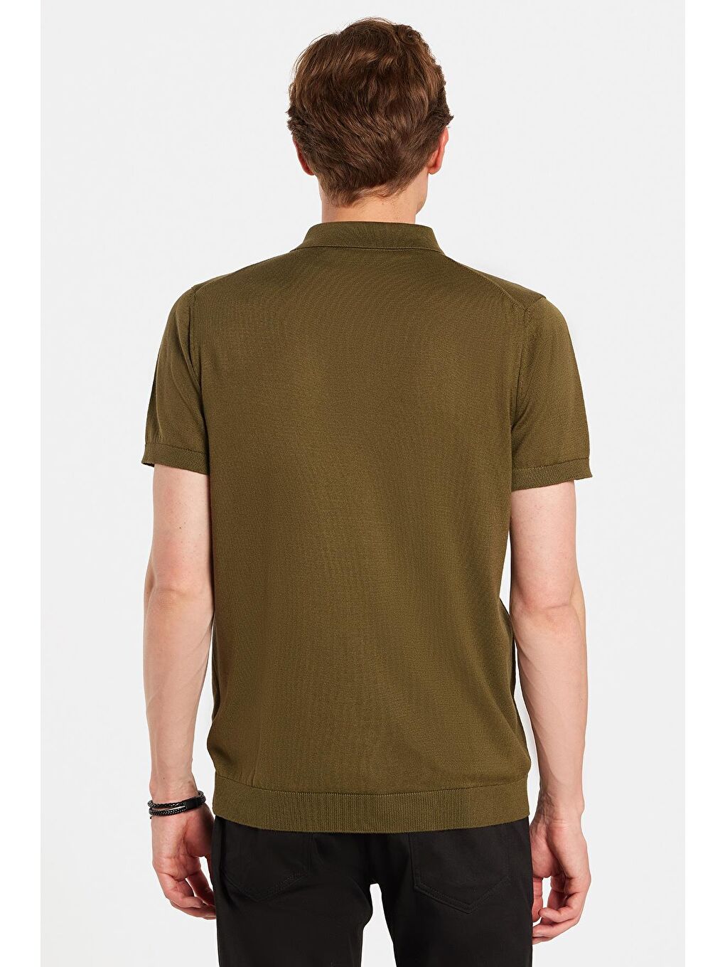 Erkek Slim Fit Dar Kesim Pamuklu Örme Triko Haki Polo Yaka Tişört-4