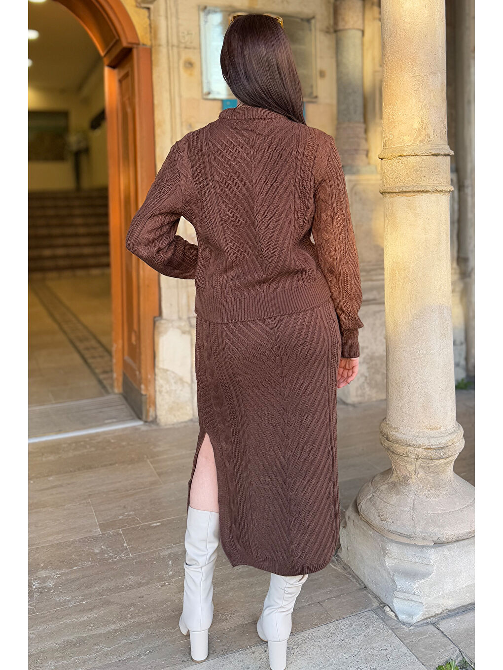 Kahverengi Kadın Örme Triko Bluz Etek İkili Takım-3