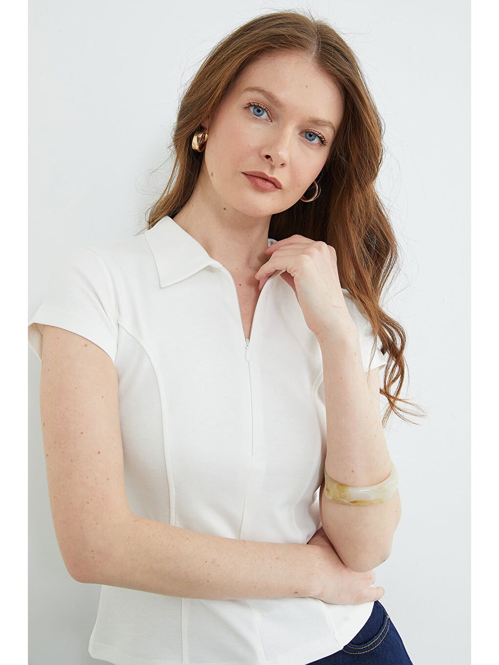 Beyaz Basic Yarım Fermuarlı Polo Yaka Slim Fit Tişört-3