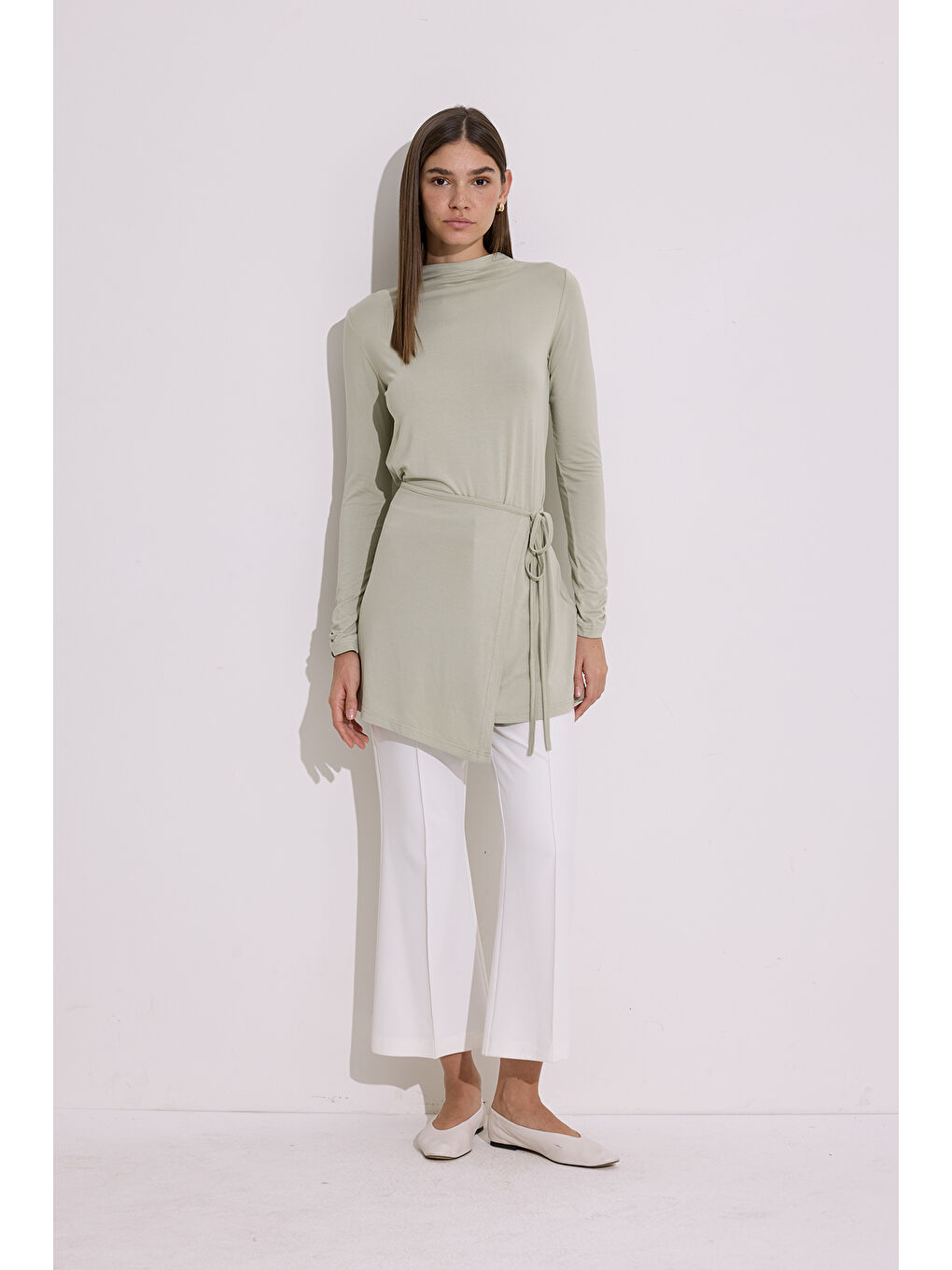 Dökümlü Bağlama Detaylı Bluz Pastel Yeşil-1