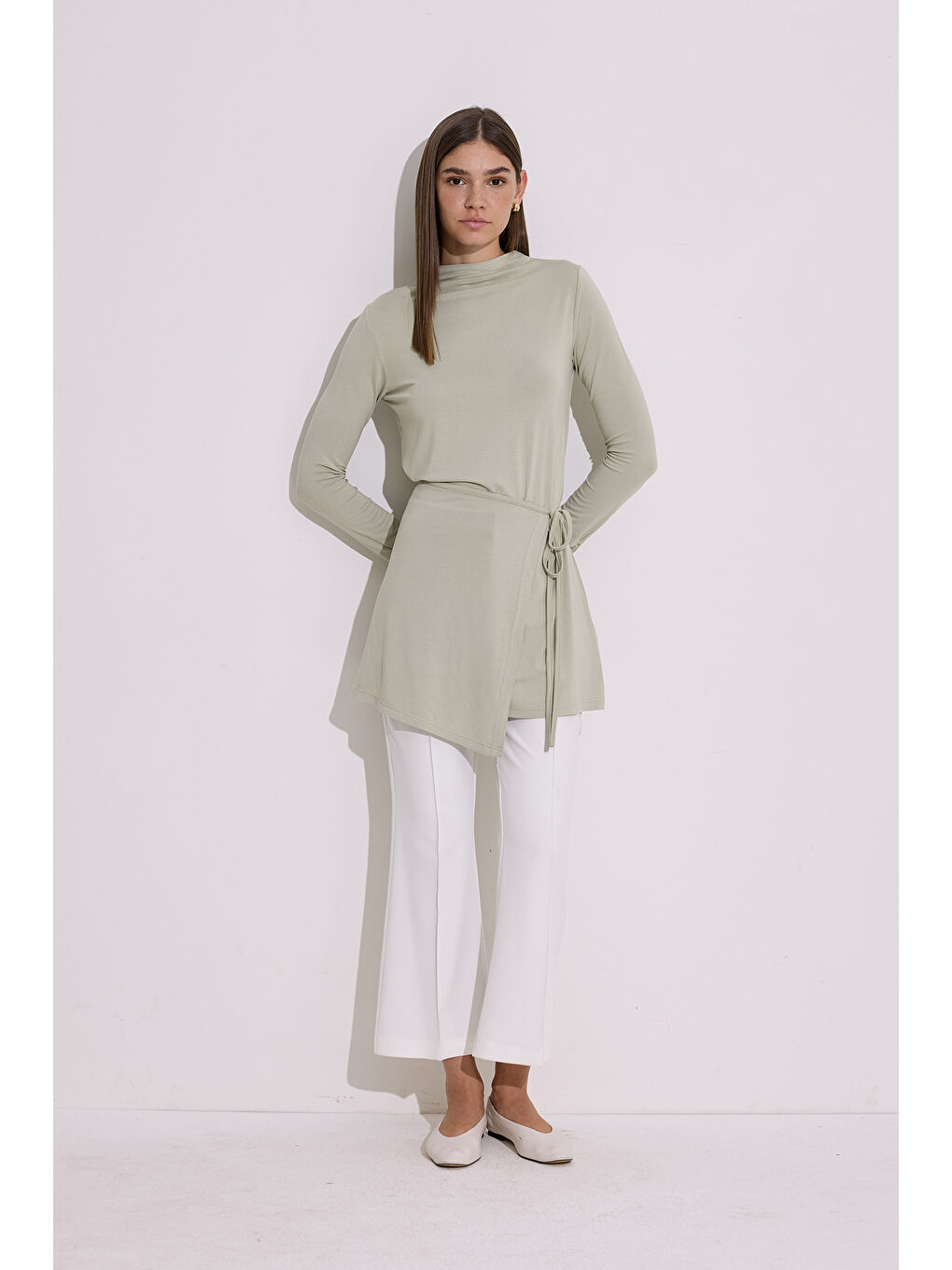 Dökümlü Bağlama Detaylı Bluz Pastel Yeşil-2