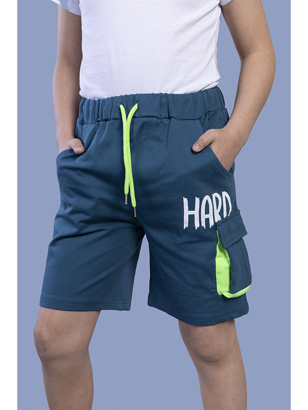 Petrol Erkek Çocuk Beli Ayarlanabilir Cep Detaylı Baskılı Şort