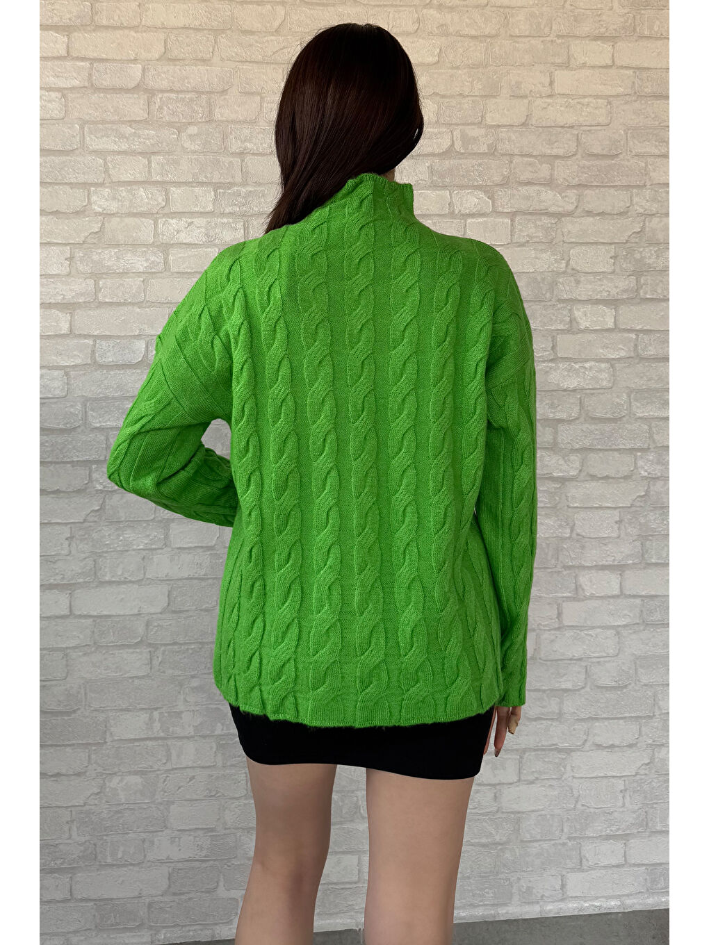 Yeşil Yarım Balıkçı Yaka Desenli Kadın Triko Kazak-3