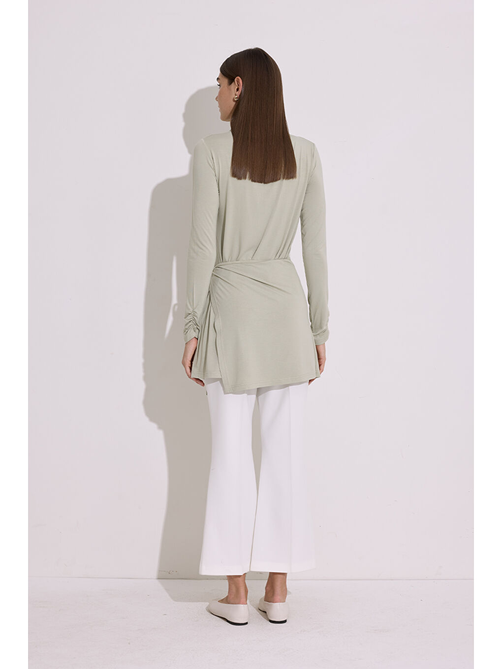 Dökümlü Bağlama Detaylı Bluz Pastel Yeşil-4