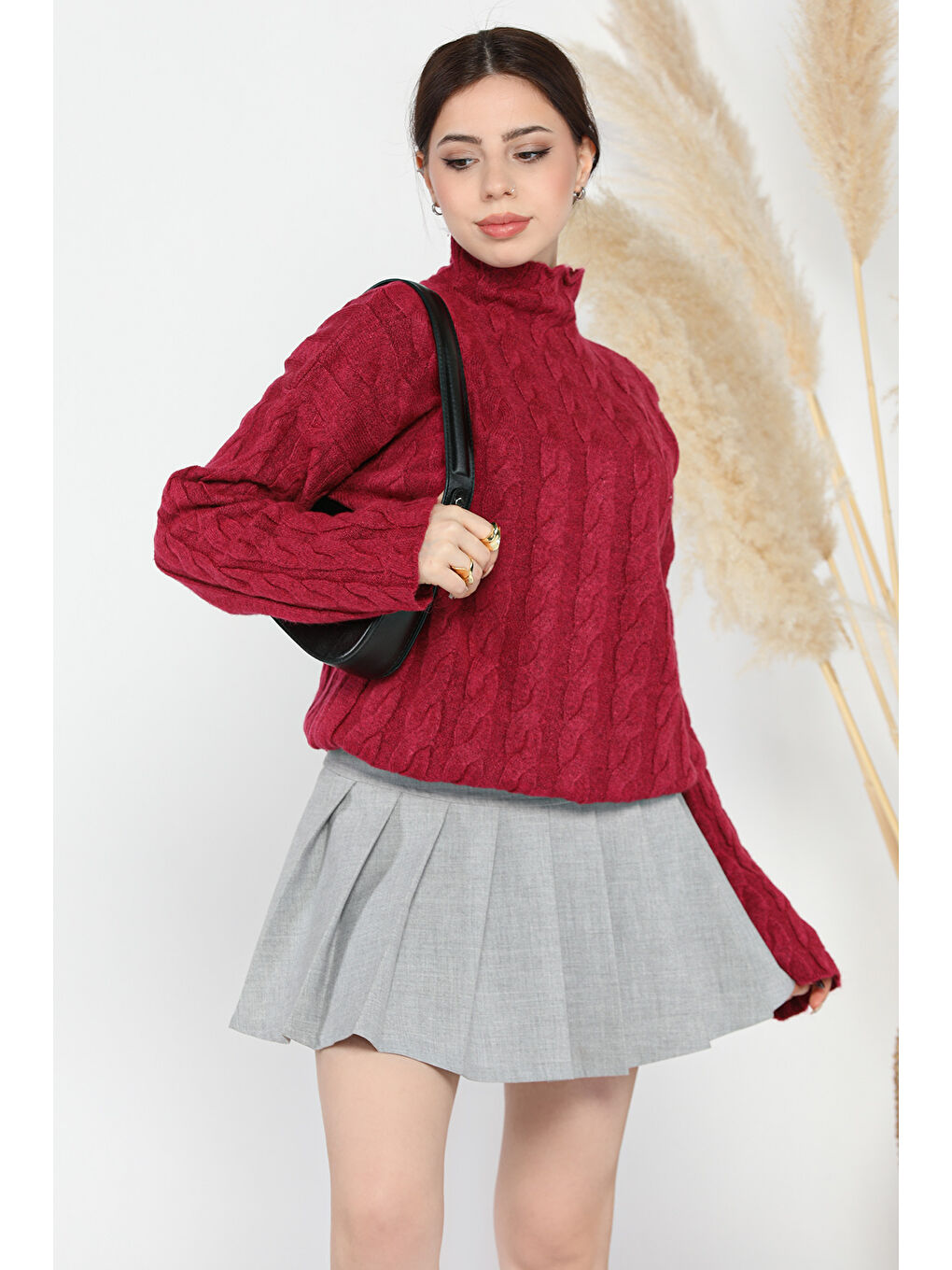 Mürdüm Yarım Balıkçı Yaka Desenli Kadın Triko Kazak-1