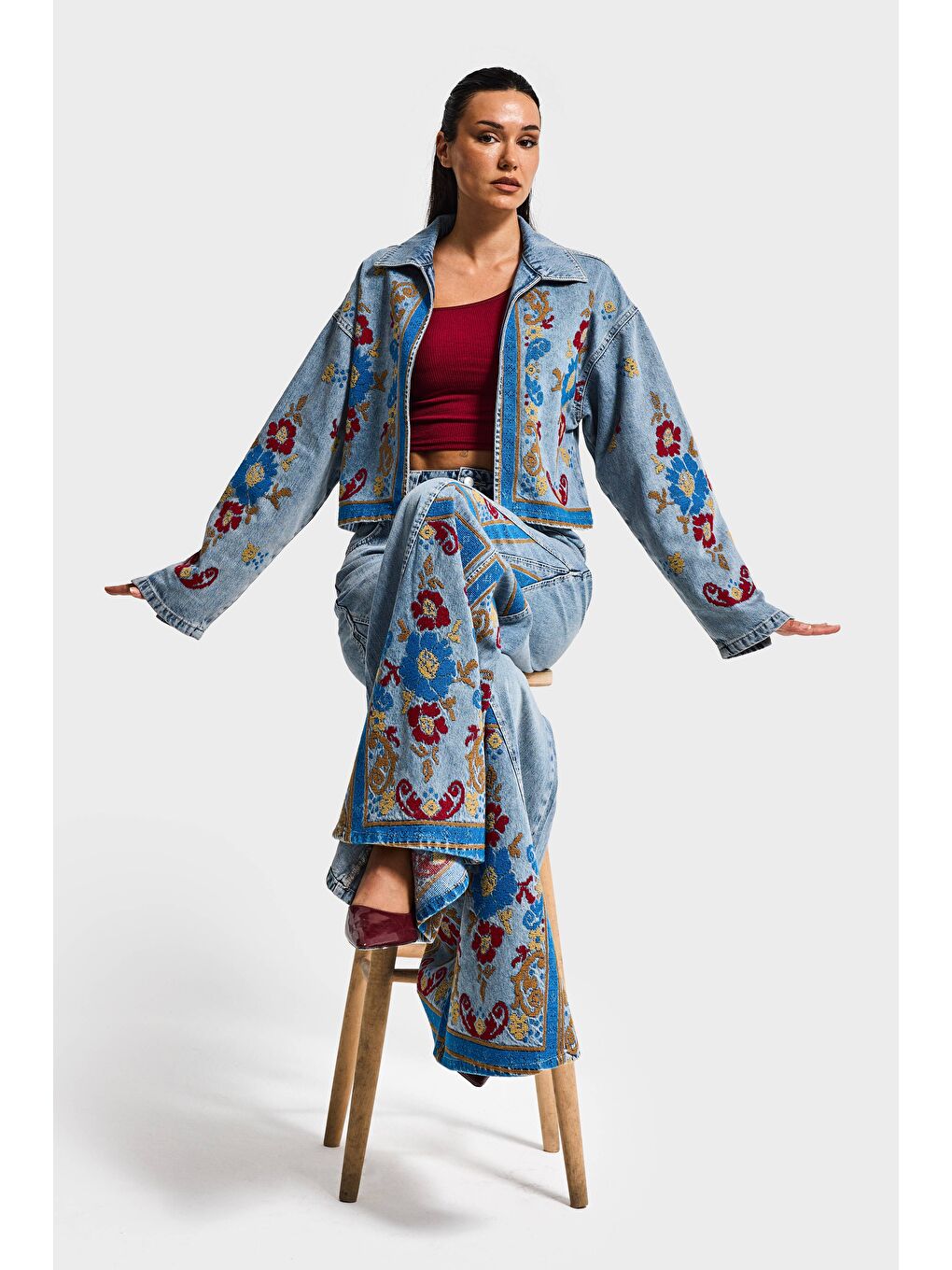 Mavi Kadın Jean Rengi 3s6-32 Bol Kesim Özel Nakış Desenli Tasarım Denm Ceket-2