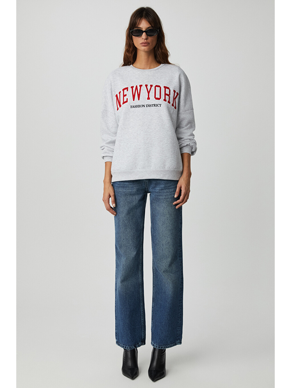 Jordın Kadın Uzun Kollu Yuvarlak Yaka Önü Aplike Nakışlı Düşük Omuz Oversize Gri Melanj Sweatshirt-3