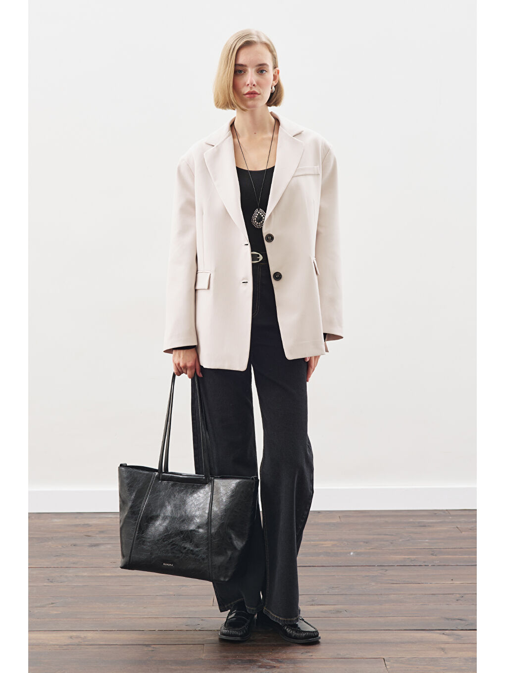 Oversıze Kesim Blazer Ceket Bej-1